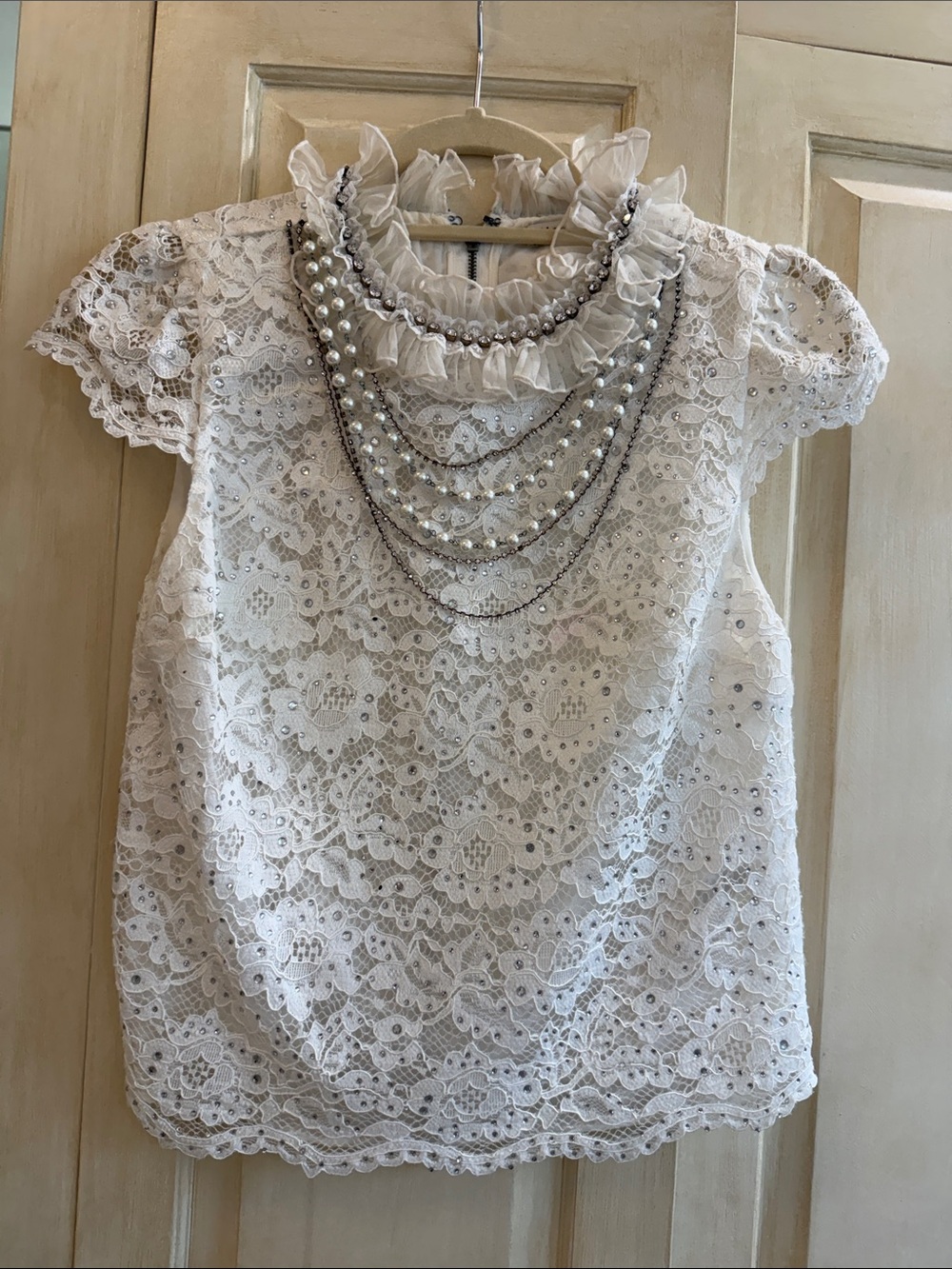 Alice + Olivia White Lace Ruffled Pearl-Embellished Blouse